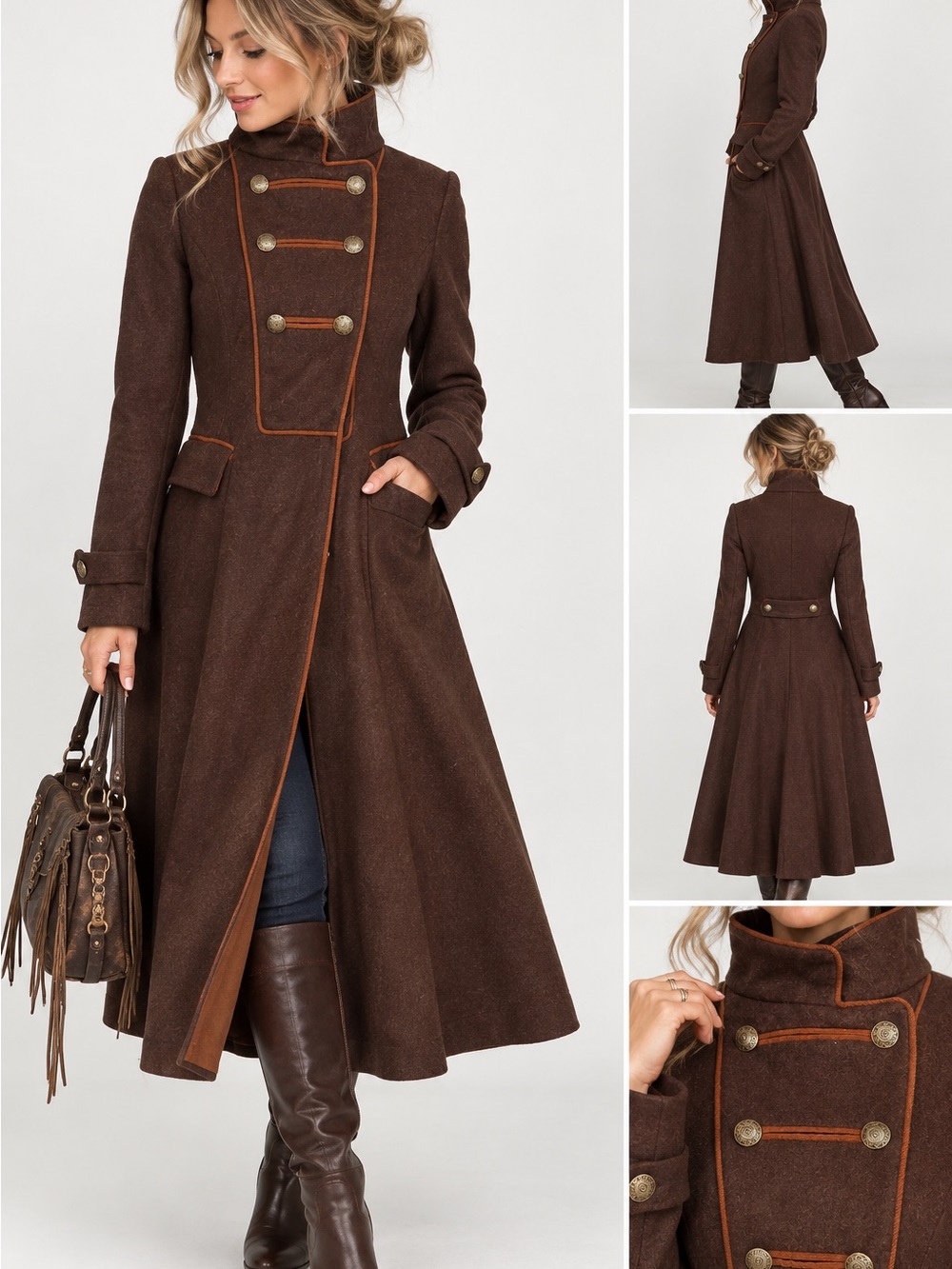 Y2K ARTKA Crazy In Life Wool Blend Military Coat S Brown Funnel Neck Steampunk